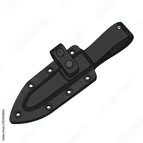 Black knife sheath with belt loop, multiple securing straps and eyelets