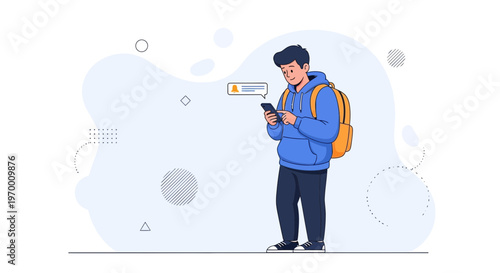 Young man with backpack checking phone notification with warning icon, modern illustration