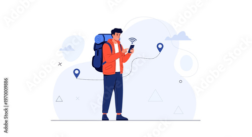 Traveler using smartphone for navigation with GPS map and Wi-Fi signal