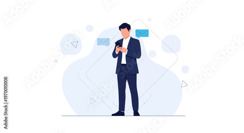 Businessman texting on smartphone, abstract blue background, business communication concept