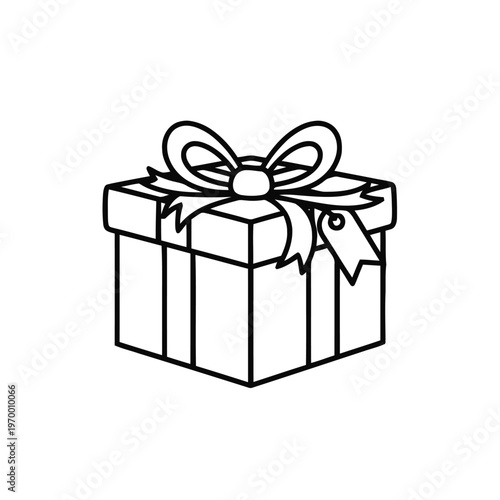 Elegant and Minimalist Line Art Gift Box Icon Adorned with a Delicate Ribbon and Tag, Perfect for Holiday, Birthday, or Special Event Designs and Promotions