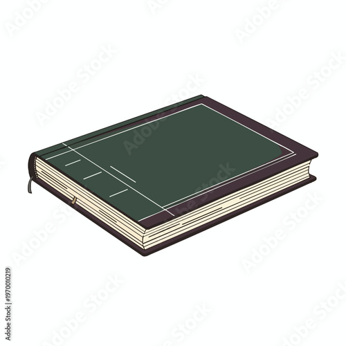 A closed, dark green hardcover book with a brown spine, white lines, and a ribbon bookmark