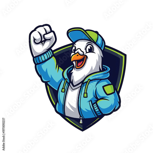 Cheerful duck mascot in hoodie raising fist in front of shield