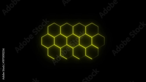 Glowing yellow hexagonal grid animation on dark background digital abstract futuristic pattern yellow glow