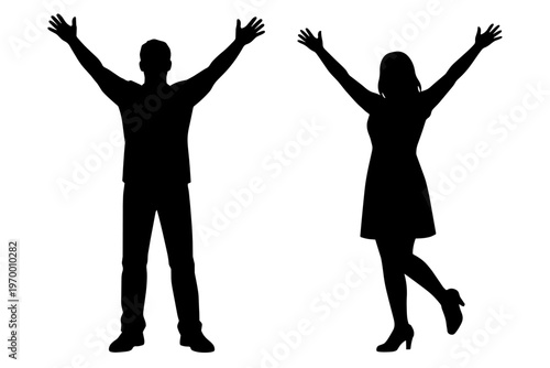 Happy men and women raising arms silhouette, success and celebration concept
万歳して喜ぶ男女のシルエット 成功と喜びのイメージ