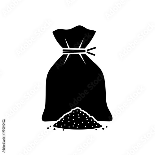 Black salt sachet illustration isolated on a white background with spilled granules for a minimalist design