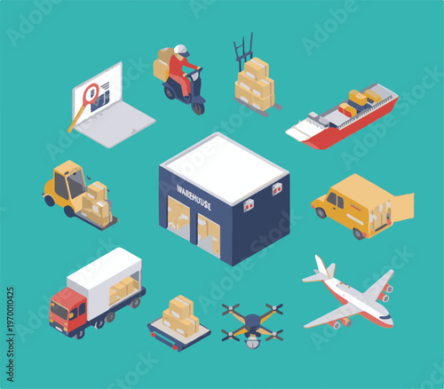 Isometric Logistics and Delivery Services Illustration Keywords: logistics, delivery, shipping