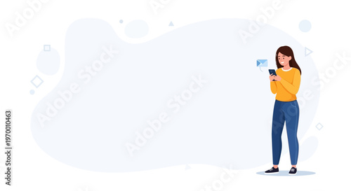 Young woman using smartphone, receiving email notification, modern flat illustration with copy space