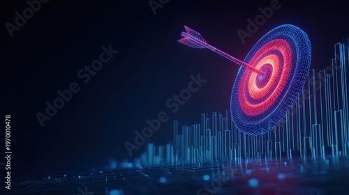 Aiming for success, an arrow strikes the bullseye of a futuristic target. ..Created with Generative AI, not depicting real subjects.