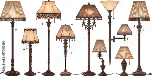 Vintage floor lamp collection with classic ornate lighting fixtures antique home decor vector illustration isolated on white background