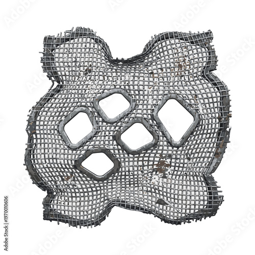 Dented metal mesh with irregular holes isolated on a white background, showcasing a rugged and industrial texture
