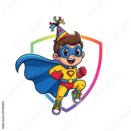Child Superhero in Cape and Mask with Hero Shield