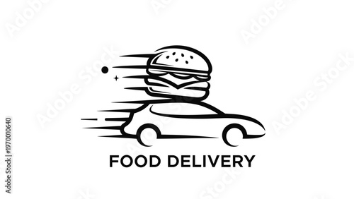 Creative black and white food delivery logo showing a large hamburger on top of a fast-moving car with stylized motion lines.