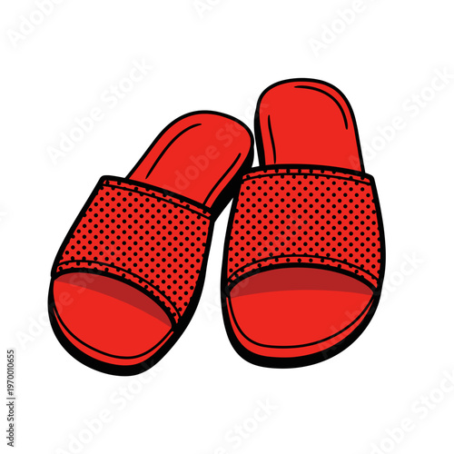 Vibrant red open-toe sandals with polka dot pattern isolated on a clean white background, showcasing casual summer footwear design