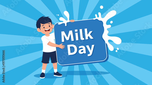 Happy illustration for world milk day featuring a smiling young boy holding a blue sign with a large white milk splash.