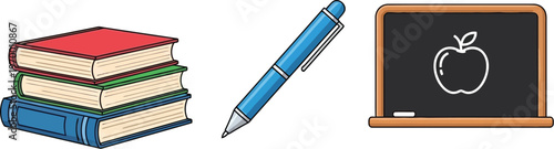 Stack of books, blue pen, and chalkboard with apple illustration.