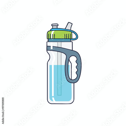 Blue water bottle with green cap and grey handle
