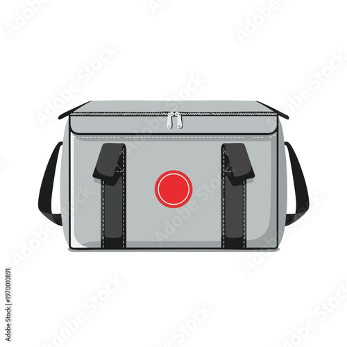 Flat grey insulated lunch bag with black straps and red circular emblem