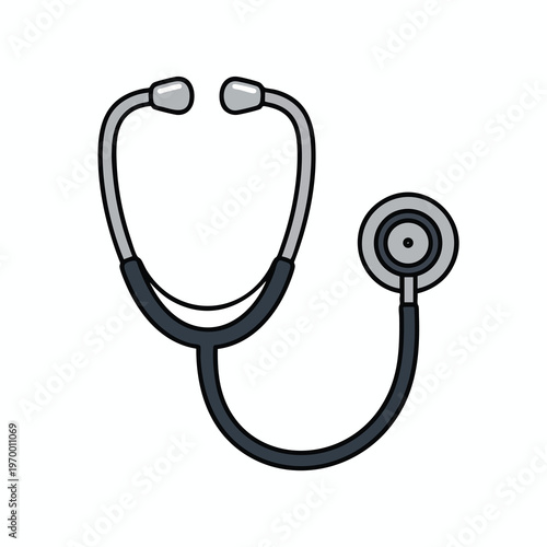 A cartoon stethoscope with gray earpieces, tube, and chestpiece on a white background