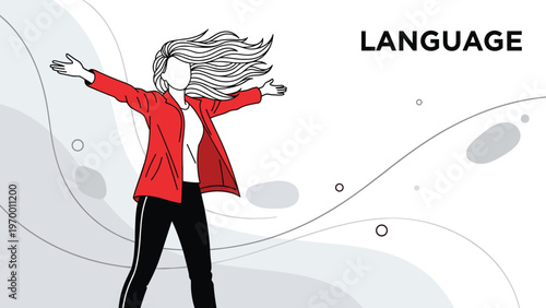 Inspirational illustration for a language concept featuring a woman with long flowing hair and her arms wide open in joy.