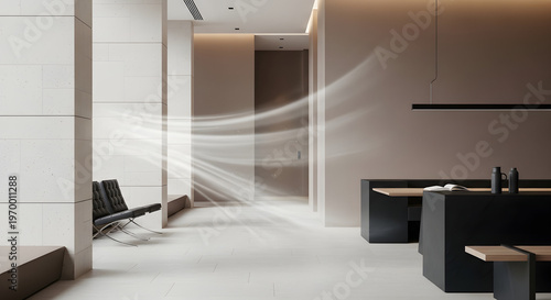 Modern Minimalist Office Interior with Air Flow Visualization for HVAC, Ventilation, and Indoor Air Quality Marketing