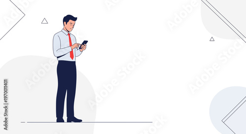 Businessman using smartphone, modern abstract background, minimalist design