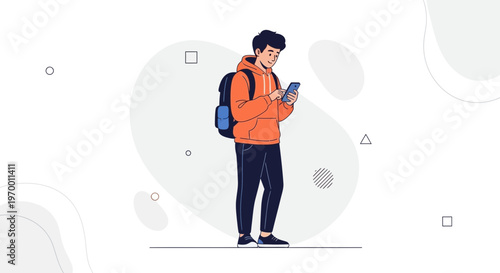 Young man with backpack using smartphone, modern illustration, digital communication concept