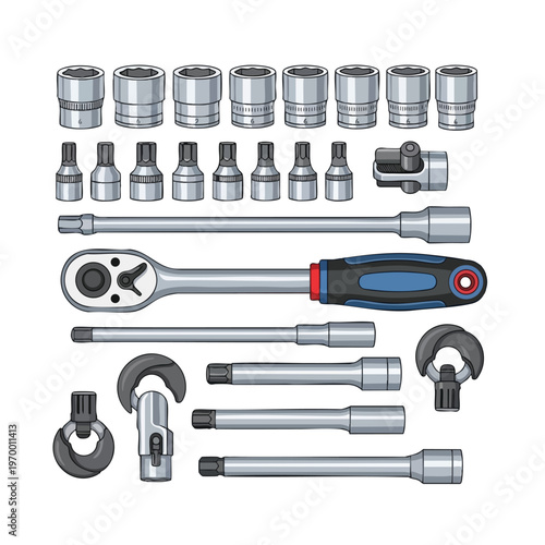 Assortment of silver metal sockets, bits, extensions, and ratchet with blue handle
