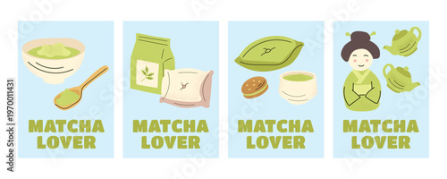 Matcha tea banner set with bamboo whisk, teapot, dessert and woman in traditional clothing, Japanese tea ceremony concept