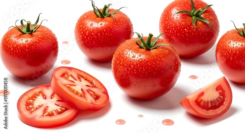 Fresh Red Tomatoes with Water Droplets on White Background.