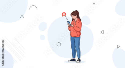 Young Woman Using Smartphone with Notification Bell, Social Media Concept