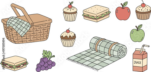 A charming collection of picnic essentials including a basket, sandwiches, fruit, cupcakes, and a picnic blanket