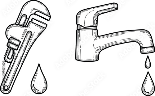 Plumbing Tools And Water Dripping Illustration