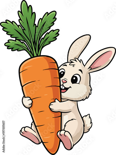 Adorable Cartoon Style Illustration Of A Cute Tiny Bunny Rabbit Hugging A Giant Orange Carrot Twice Its Size Symbolizing Hunger Determination And Success Isolated