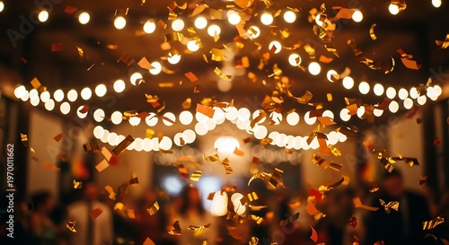 Golden Confetti Falling with Bokeh Lights Creating a Festive and Celebratory Atmosphere.
