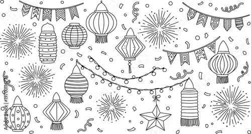 Monochrome doodle art capturing the joyous spirit of a cultural festival with traditional lanterns and sparkling fireworks