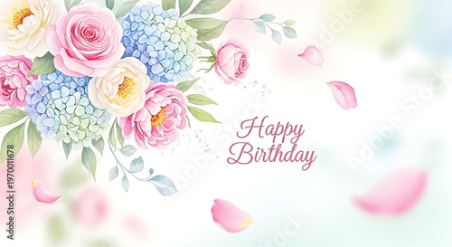 Happy Birthday Card with Watercolor Flowers and Falling Petals.