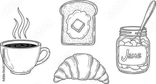 Hand-drawn delicious breakfast items including coffee, toast, jam, and croissant in monochrome style