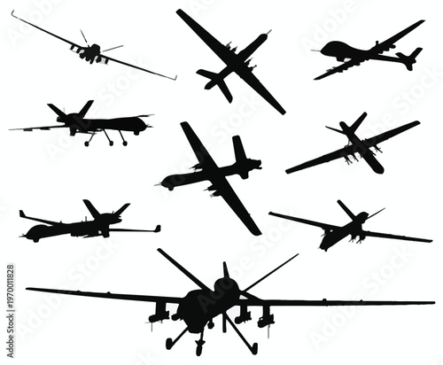 Silhouettes of Military Drones Keywords: drone, UAV, unmanned aerial vehicle, military drone