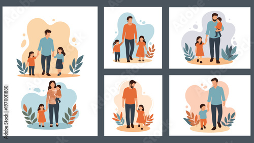 Collection of various flat vector illustrations depicting heartwarming moments of fathers walking and bonding with their young children.