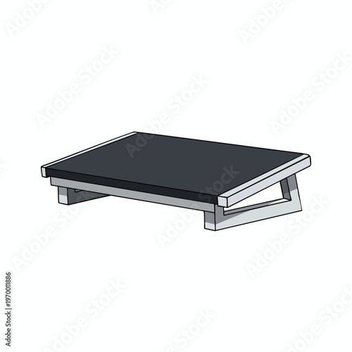 Minimalist charcoal and white platform stand with angled legs on white background