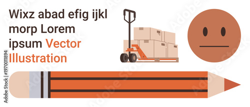 Logistics, education, art, communication, packaging, work tools. A pallet jack with boxes, a pencil text and a neutral face icon. Logistics and education concepts