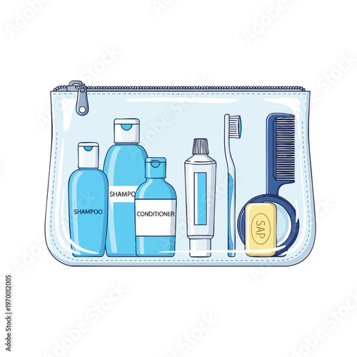 Clear zippered bag containing travel-sized toiletries, soap, toothbrush, and comb