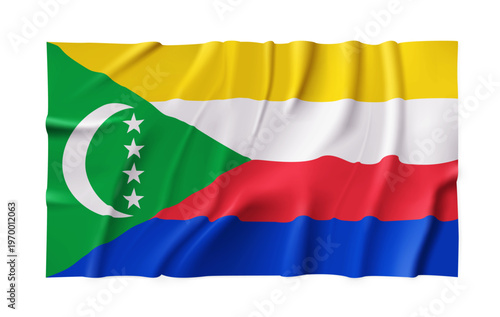 Realistic Comoros country flag isolated on a transparent background. Silk atlas detailed fabric flag. Vector PNG