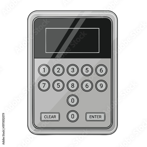 Gray digital keypad device with screen, numerical buttons, clear, and enter
