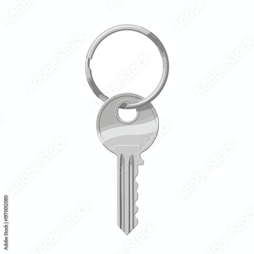 A metallic key with a serrated edge hangs from a circular keyring