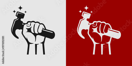 hand holding a hammer and there are stars around it vector logo isolated