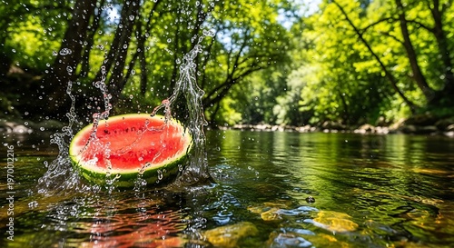 Refreshing Watermelon Splash in a Lush Green Forest Stream on a Sunny Day.