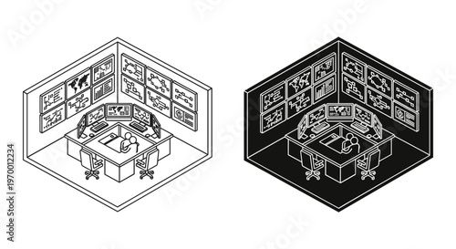 Isometric control center vector, security operations room with monitoring screens, command center interior with data dashboards and workstations