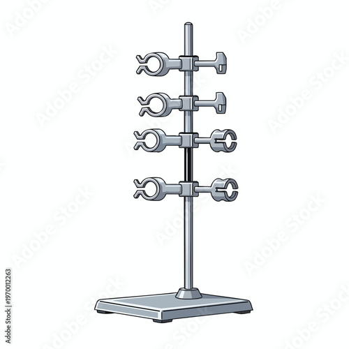 A laboratory stand with multiple adjustable clamps and a solid base